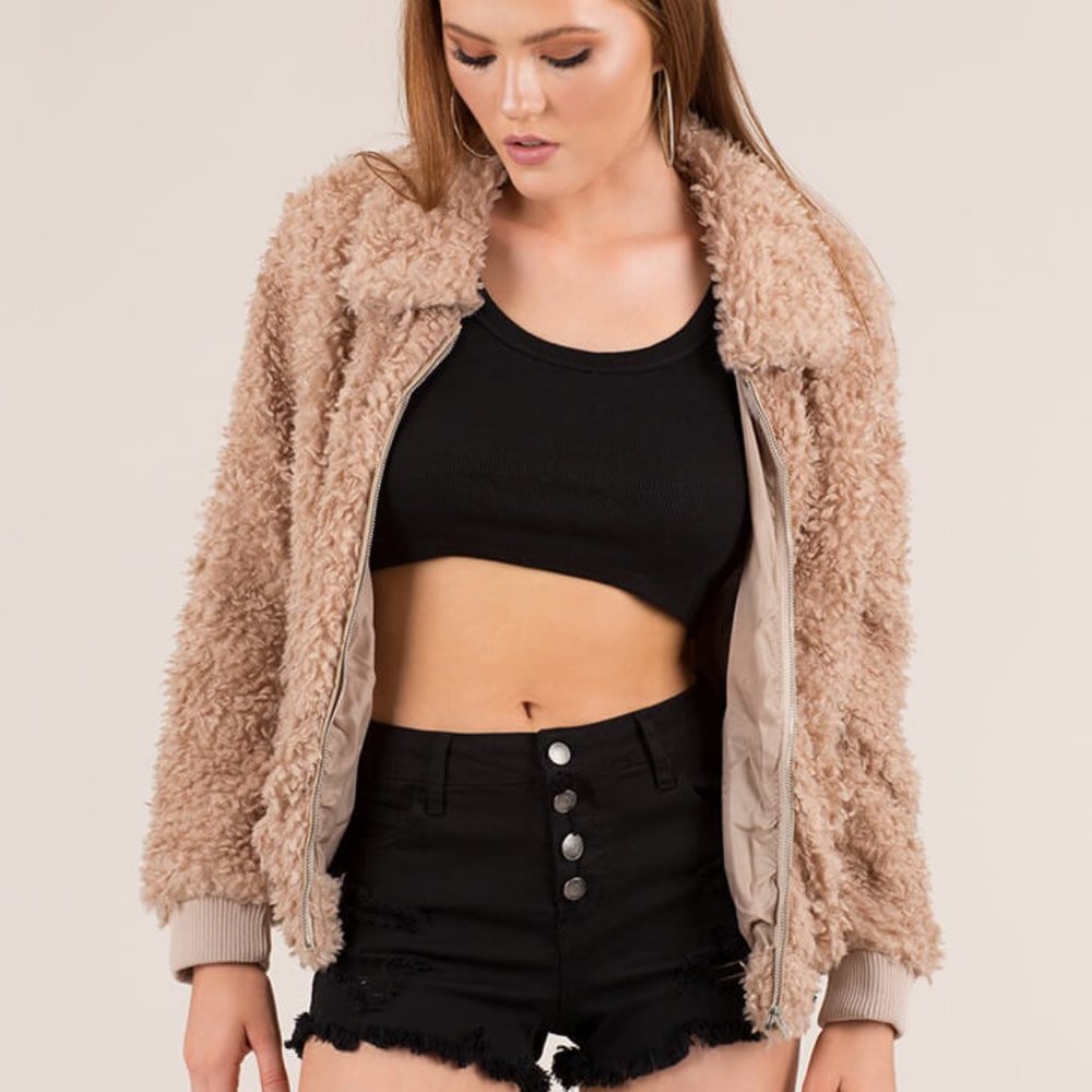 Tan Faux Fur Bomber Jacket - Picture 3 of 6
